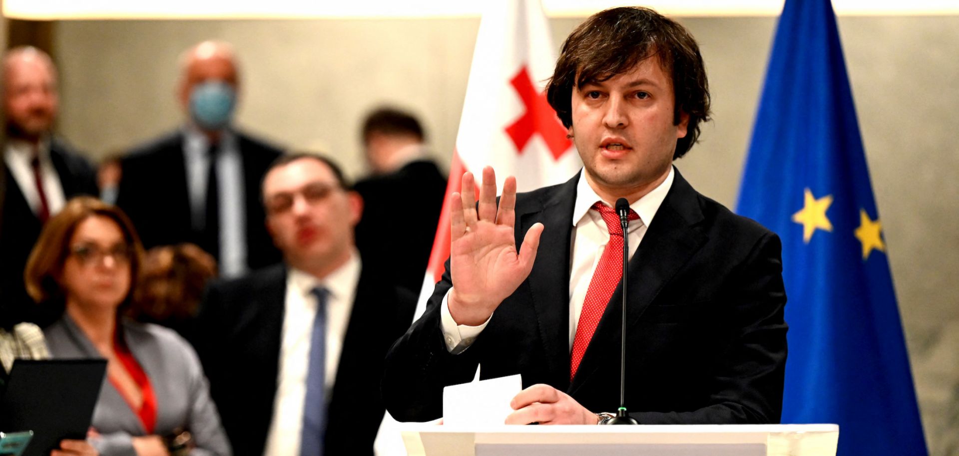 The chairman of Georgia’s ruling Georgian Dream party, Irakli Kobakhidze, attends a press conference following EU-mediated talks with opposition leaders in Tbilisi on March 31, 2021. 