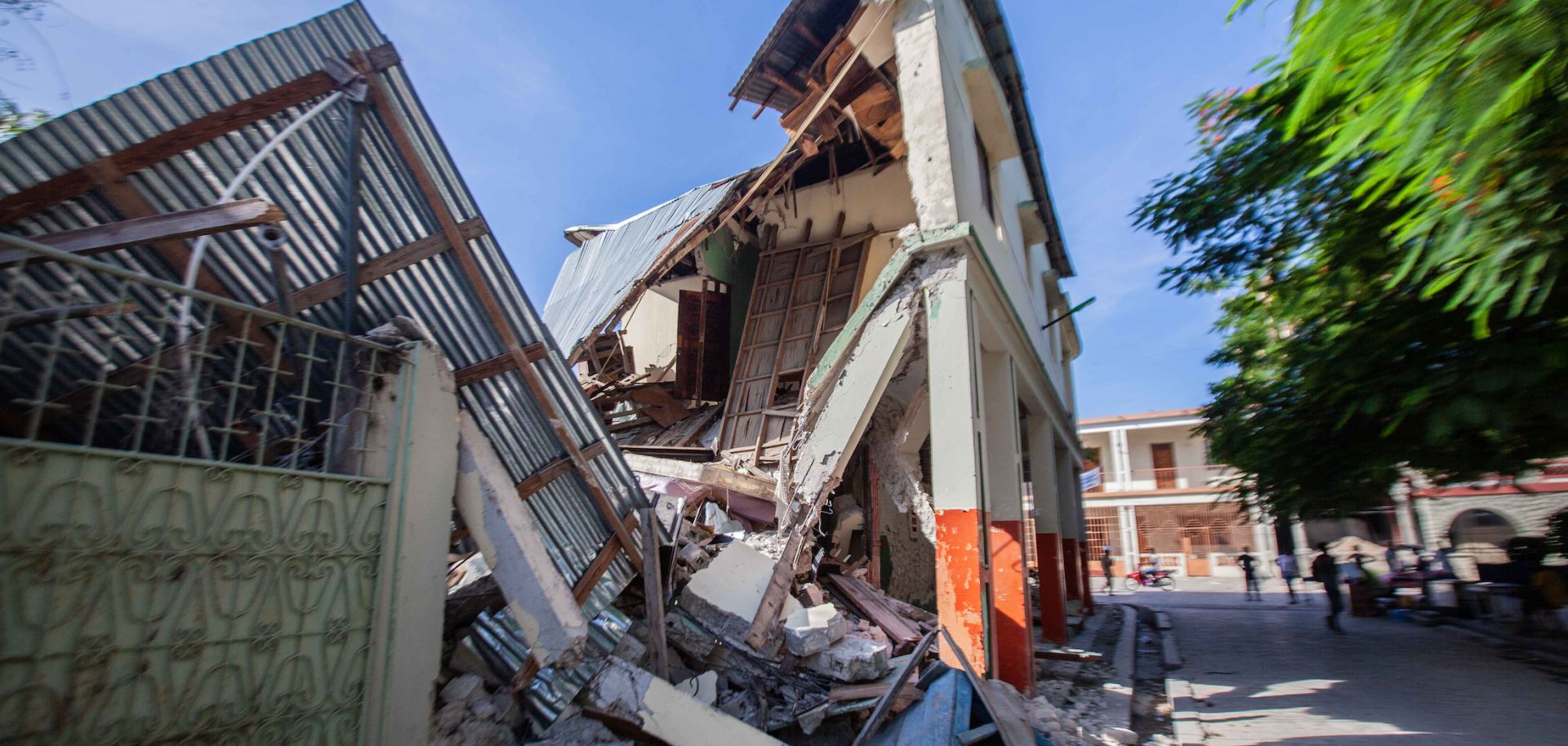 An Aug. 16, 2021, photo shows a building in Les Cayes, Haiti, that collapsed after a 7.2-magnitude earthquake struck the nation two days earlier.