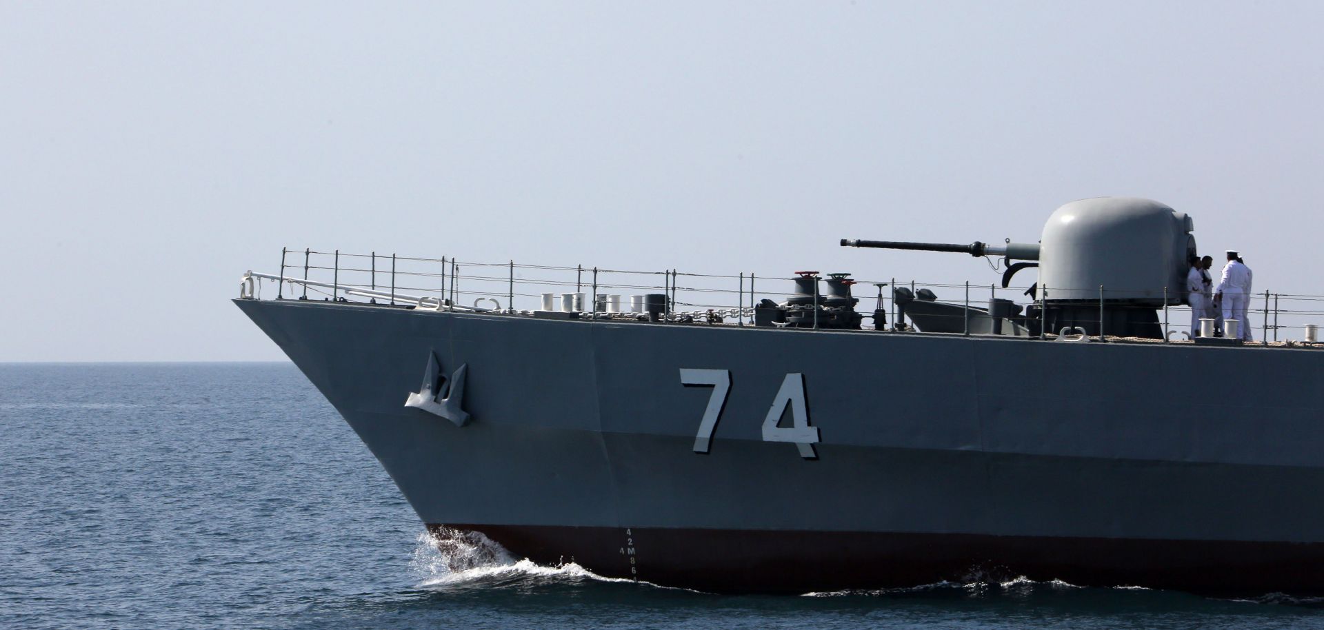 An Iranian warship takes part in celebrations for “National Persian Gulf Day” in the Strait of Hormuz on April 30, 2019.