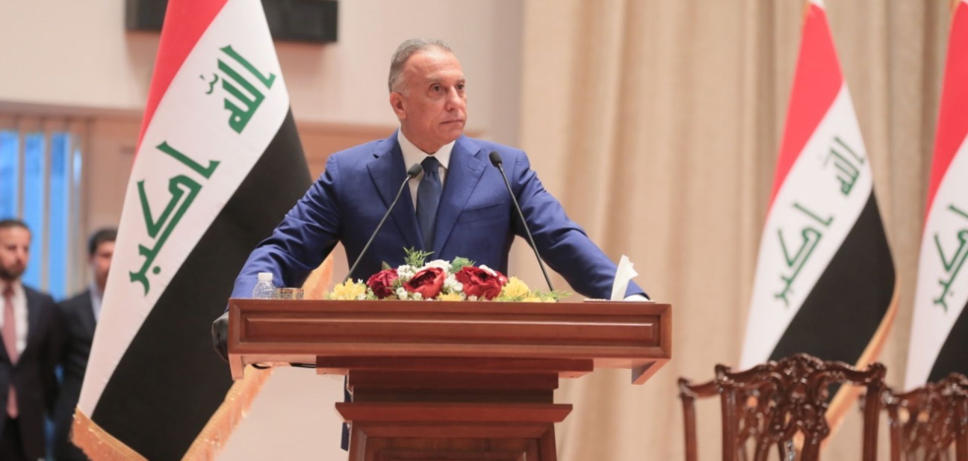 Iraqi Prime Minister Mustafa al-Kadhimi makes a speech in Baghdad on May 6, 2020. The following day, Iraq's parliament granted a vote of confidence to al-Kadhimi’s new government and swore in a majority of his 22 ministers.
