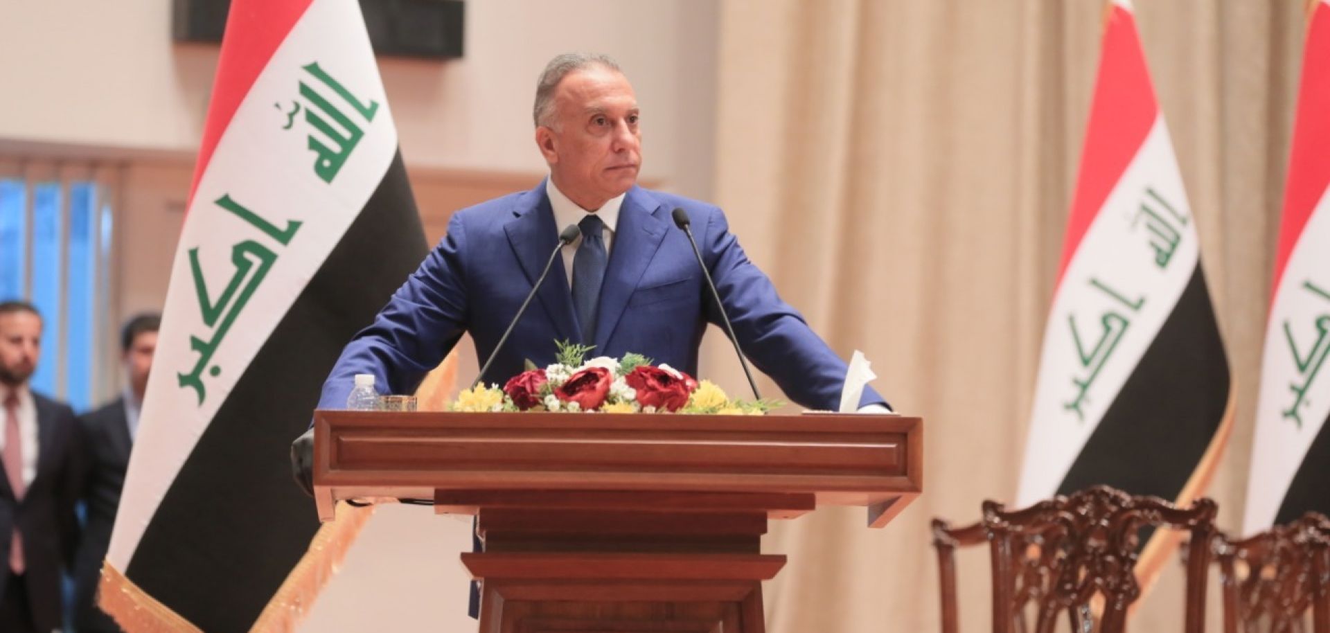 Iraqi Prime Minister Mustafa al-Kadhimi makes a speech in Baghdad on May 6, 2020. The following day, Iraq's parliament granted a vote of confidence to al-Kadhimi’s new government and swore in a majority of his 22 ministers. 