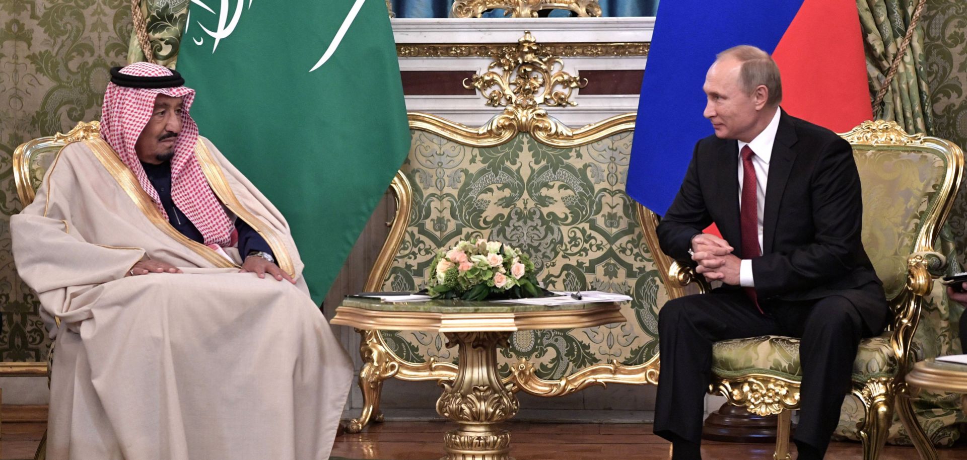 Russian President Vladimir Putin (R) meets with Saudi King Salman at the Kremlin in Moscow on Oct. 5, 2017. Saudi Arabia and Russia aren't on the friendliest of terms, but circumstances have aligned in such a way that each needs the other.