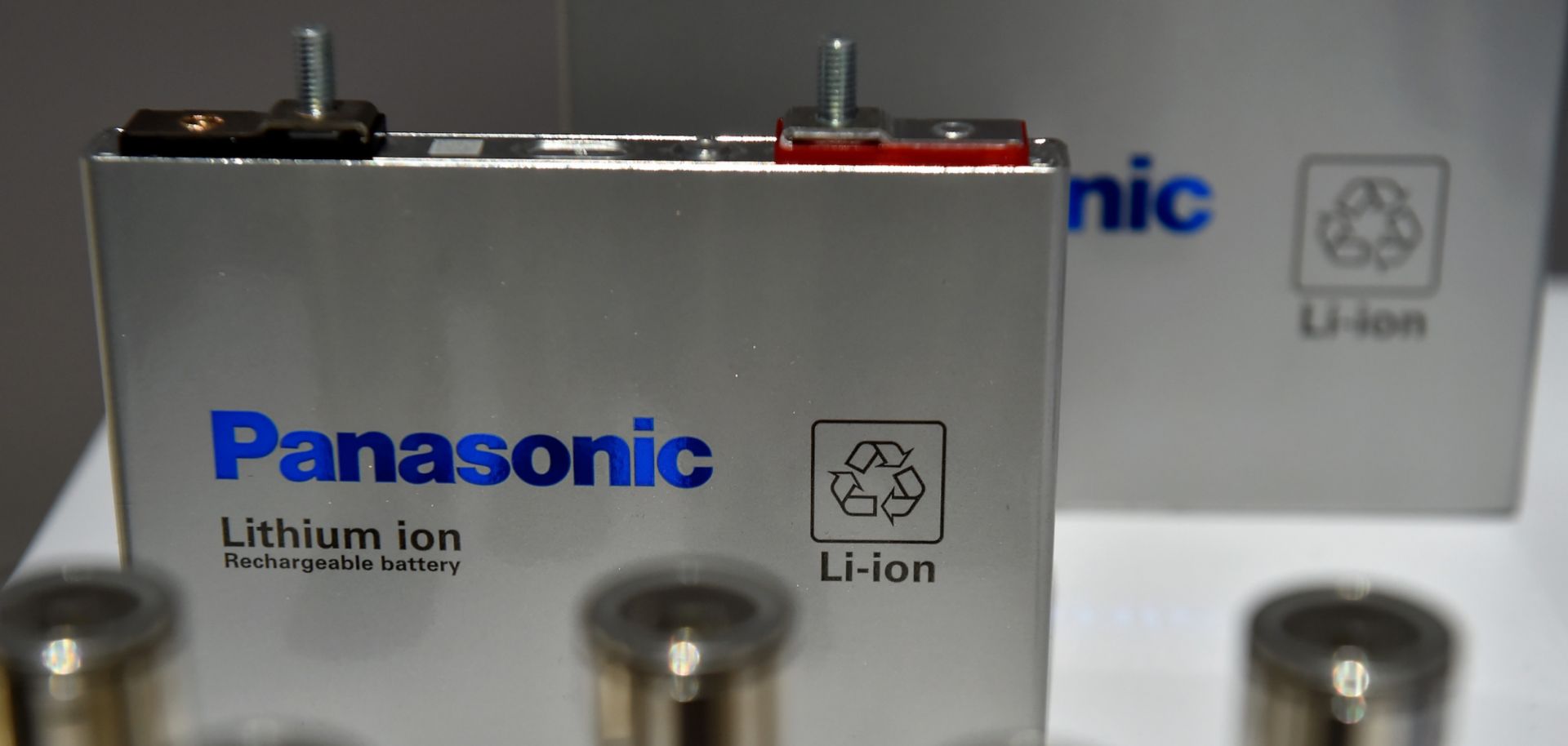 A lithium ion battery is on display at a technology trade show in the united states.