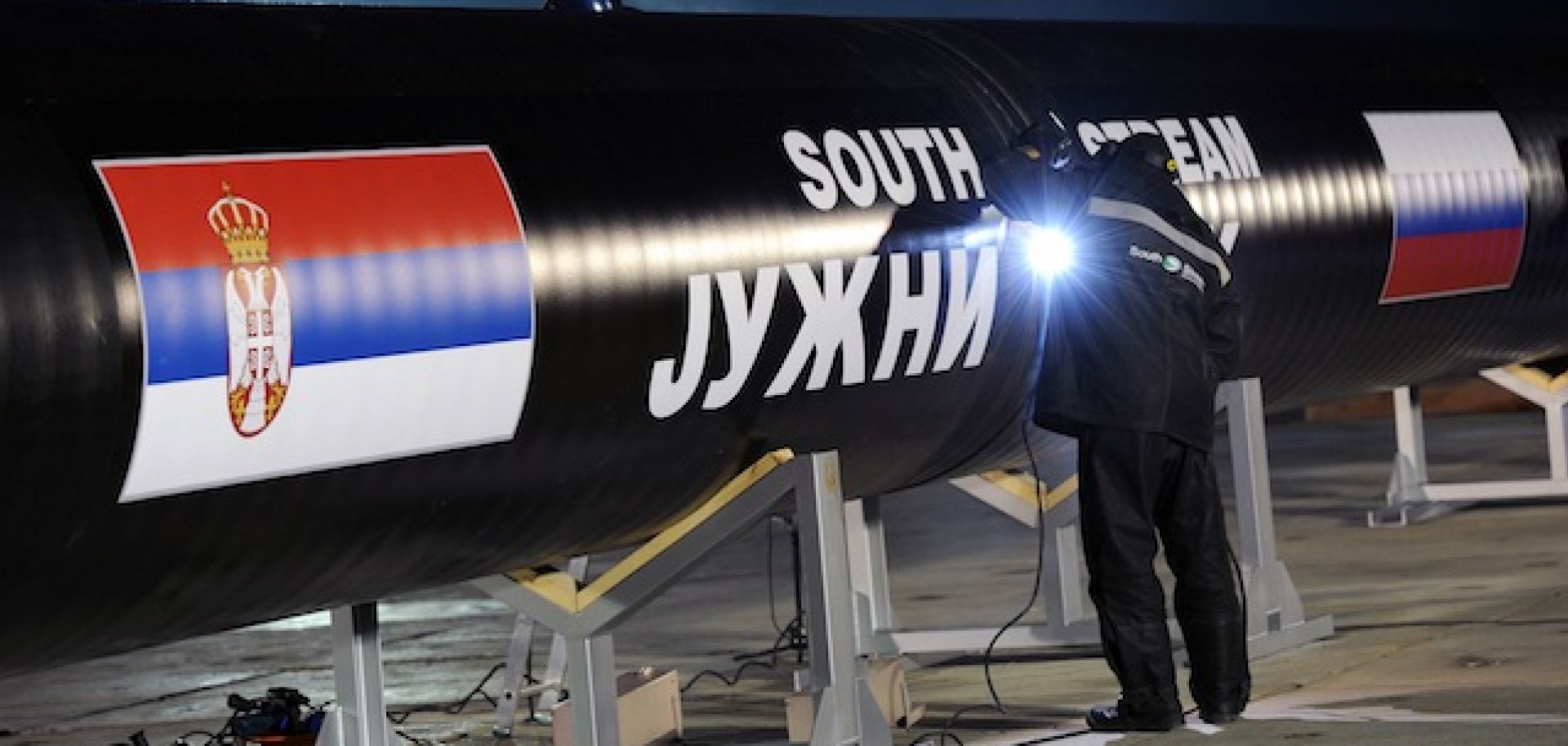 Workers weld together sections of the South Stream pipeline in Serbia in November 2013.