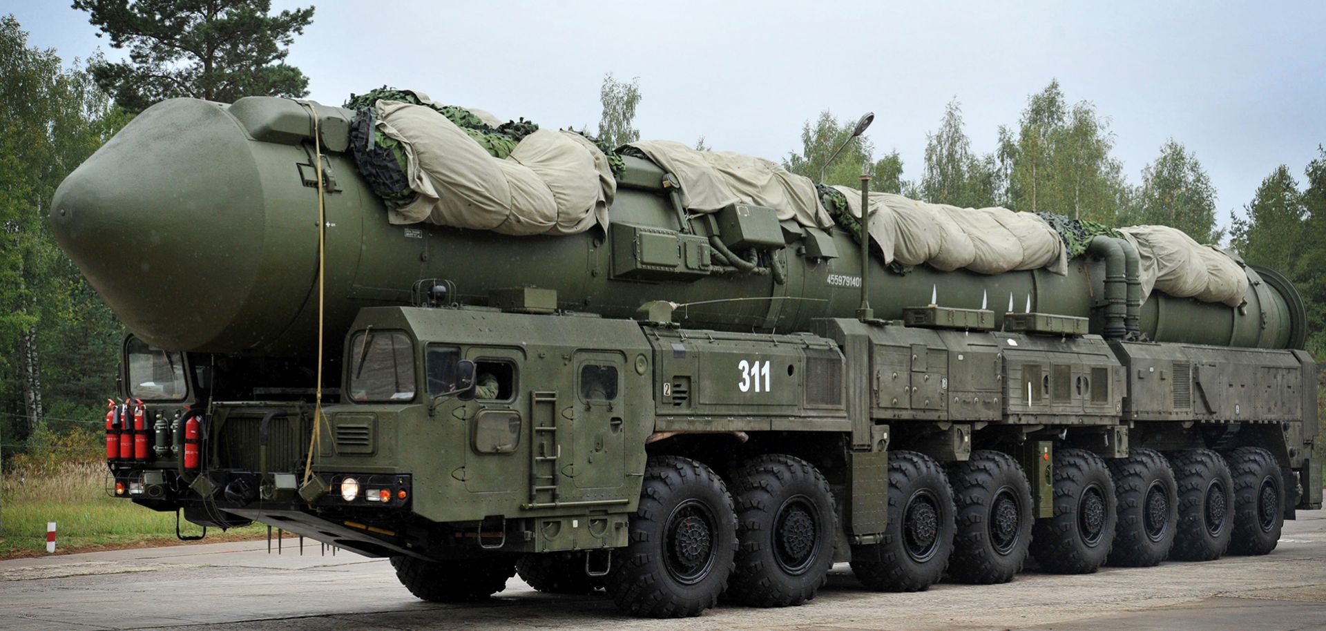 A Russian SS-27 Mod 2 thermonuclear intercontinental ballistic missile launcher sits at a base in Teykovo in 2011.