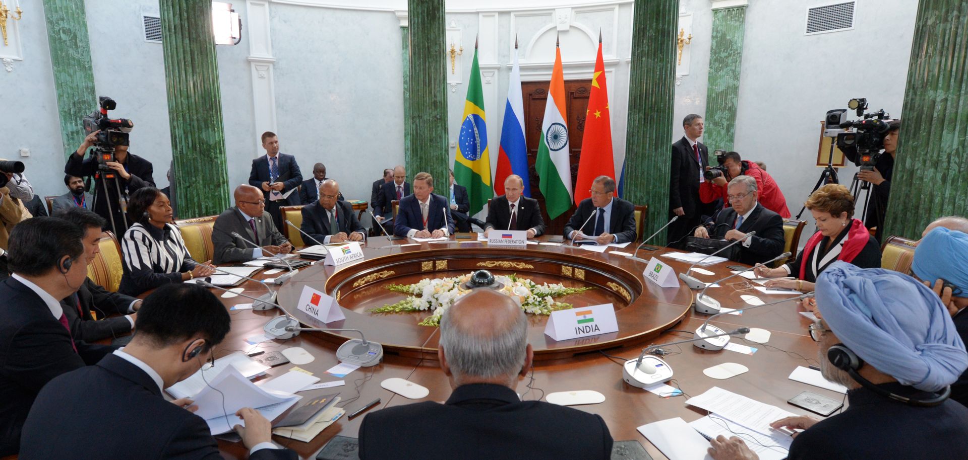 Leaders talk at the BRICS meeting during the G20 summit in 2013 in St. Petersburg, Russia.