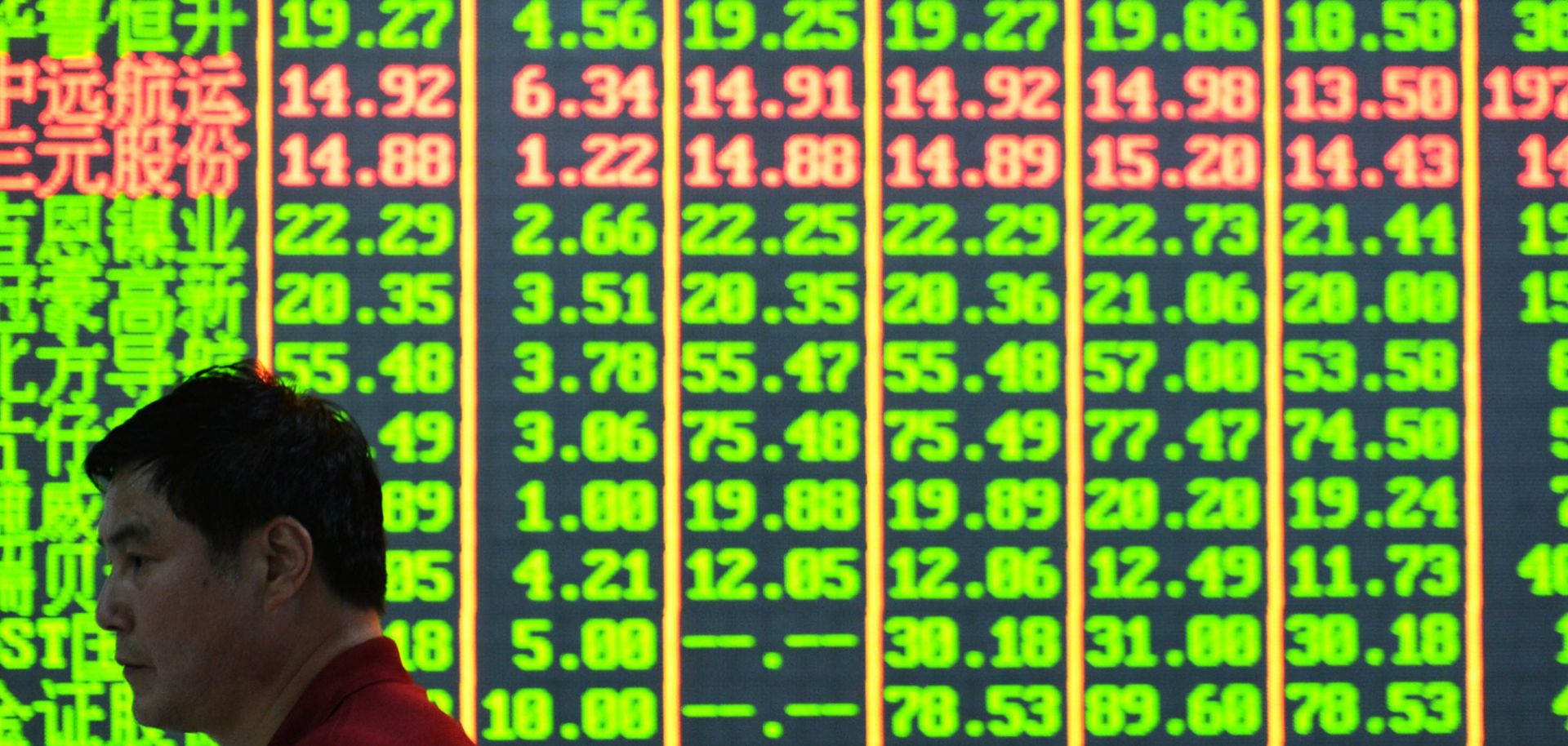 An investor walks past a share prices board at a security firm in Hangzhou, eastern China's Zhejiang province. (STR/AFP/Getty Images)