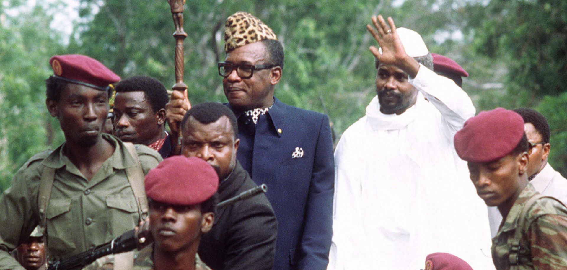 Hissene Habre (R), then-president of Chad, greets Mobutu Sese Seko (L), then-president of Zaire, on his arrival in Ndjamena on Aug. 20, 1983. For African leaders in charge of poor, weak states, maintaining personal security is a perennial challenge.