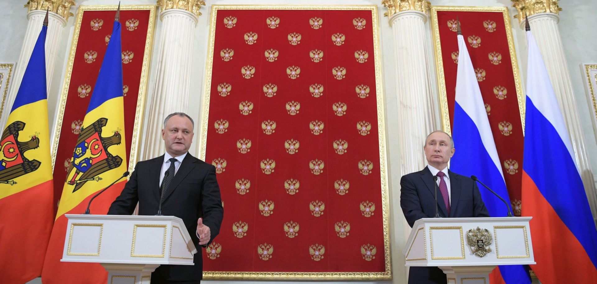 Moldovan President Igor Dodon (left) speaks during a joint conference with his Russian counterpart, Vladimir Putin, at the Kremlin in Moscow on Jan. 17, 2017.