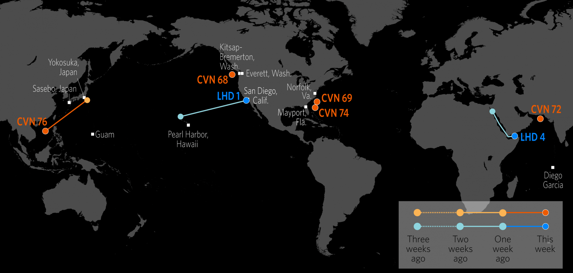 This map shows the approximate locations of U.S. Carrier Strike Groups and Amphibious Ready Groups.