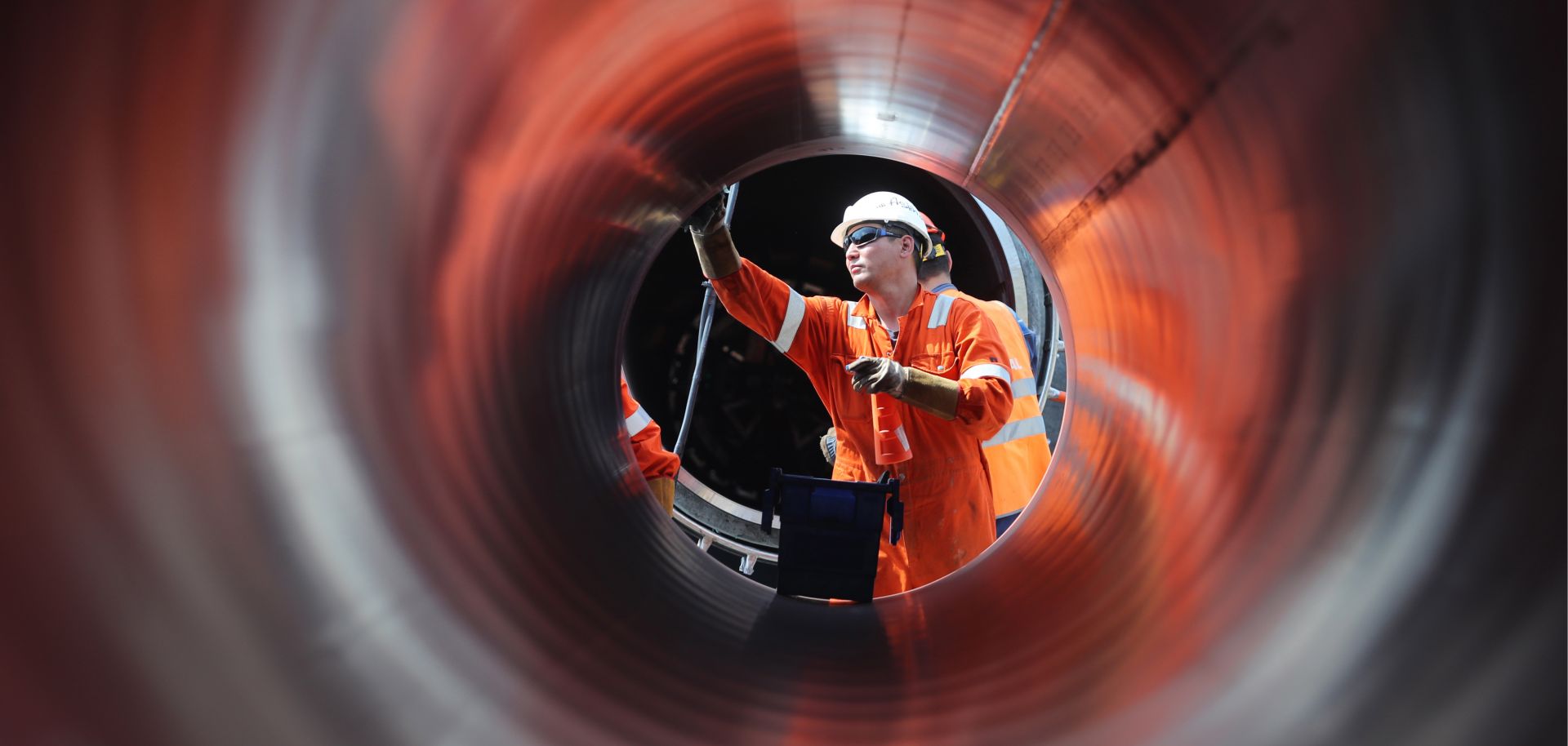 A worker constructs a section of the Nord Stream 2 natural gas pipeline near Kingisepp, Russia.