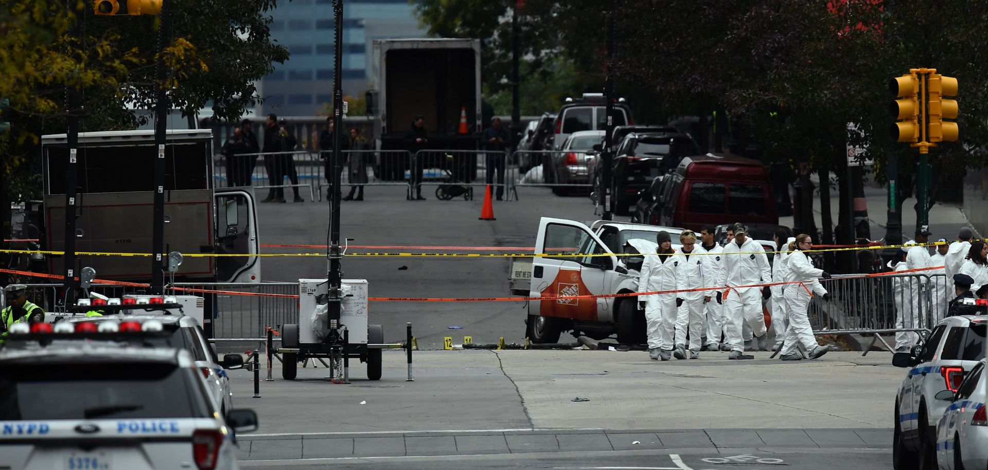 A Home Depot pickup truck that was used to plow into bicyclists on Oct. 31 sits wrecked in New York City.