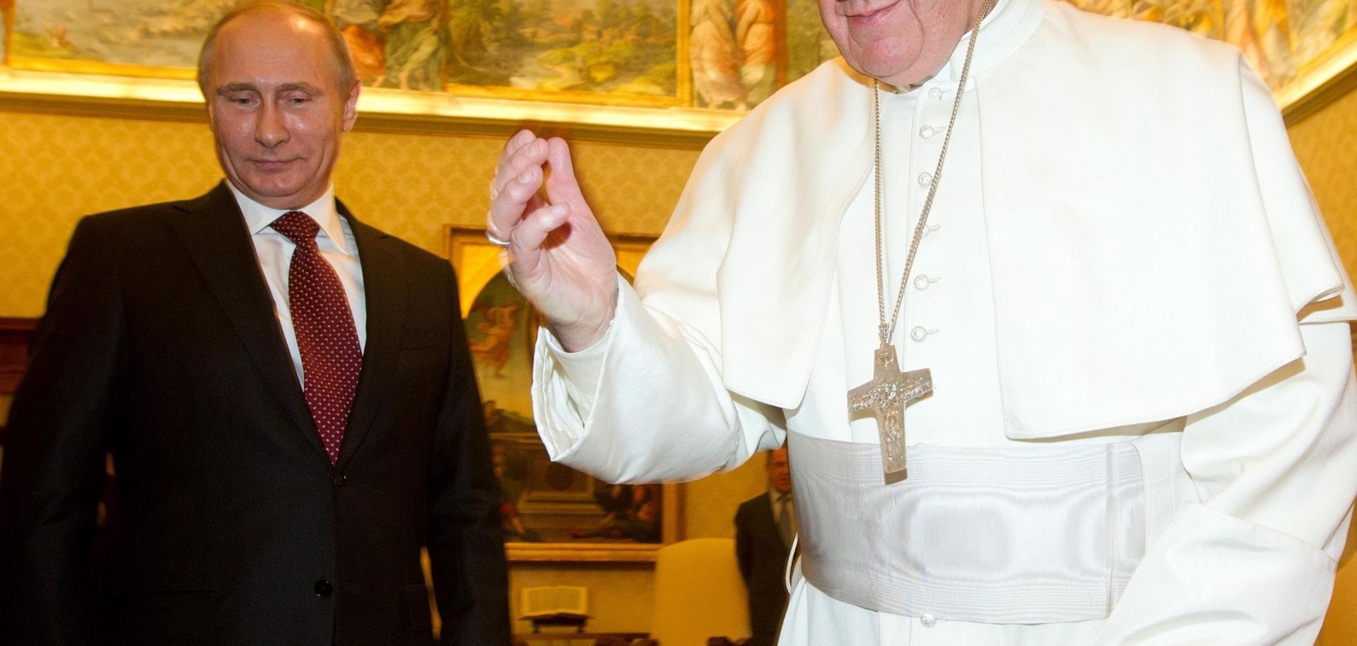 Pope Francis exchanges gifts with Russian President Vladimir Putin.