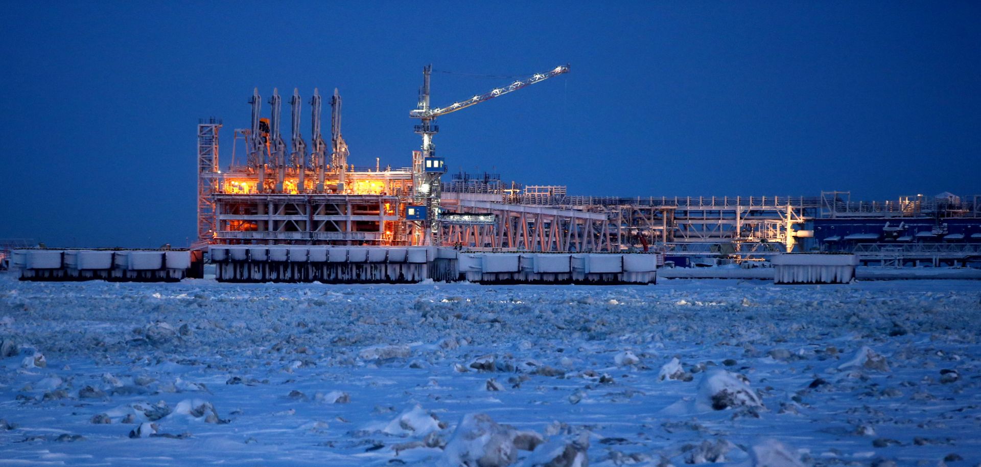This photo from Feb. 25, 2017, shows the construction site of the second mooring facility of the Yamal LNG plant in the village of Sabetta.