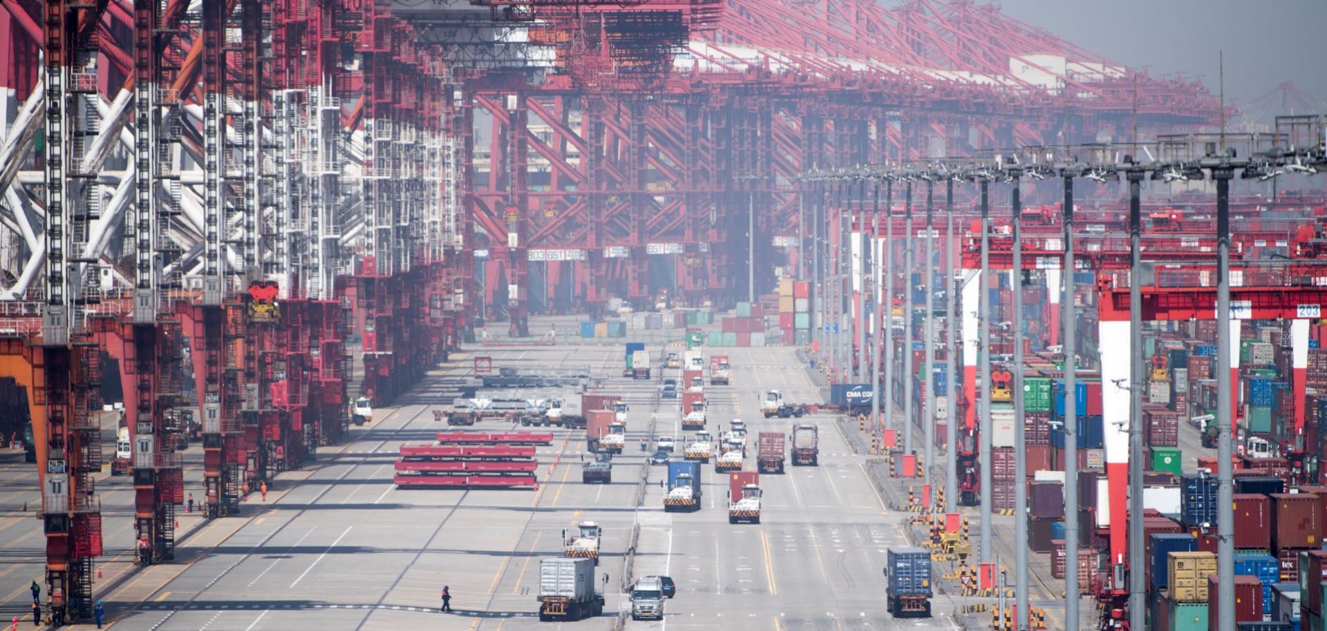 A photograph shows the Yangshan Deep-Water Port in Shanghai, China, during April 2018.