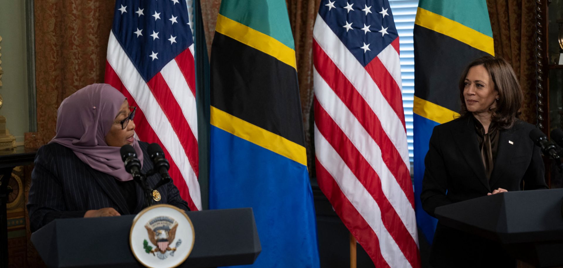 U.S. Vice President Kamala Harris listens to Tanzania's President Samia Suluhu Hassan make a statement to the press before a meeting in the Eisenhower Executive Office Building on April 15, in Washington, D.C.