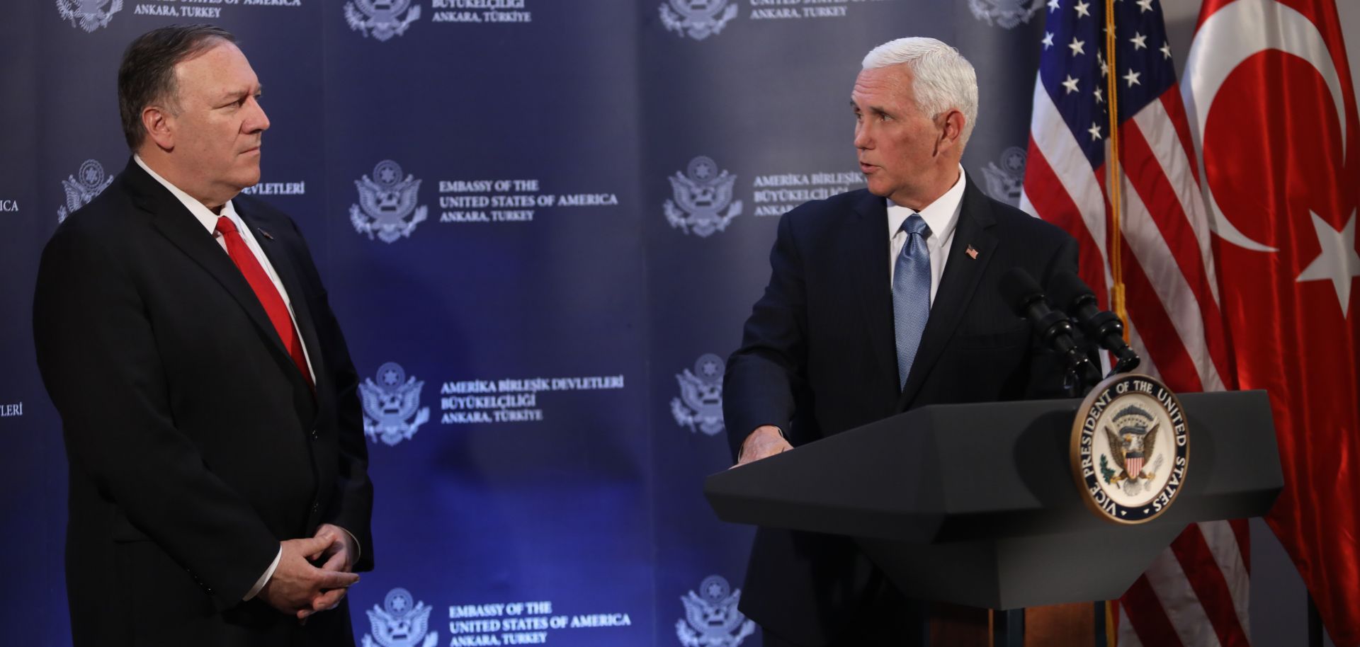 U.S. Secretary of State Mike Pompeo, left, and U.S. Vice President Mike Pence hold a news conference at the U.S. Embassy in Ankara, Turkey, on Oct. 17, 2019.