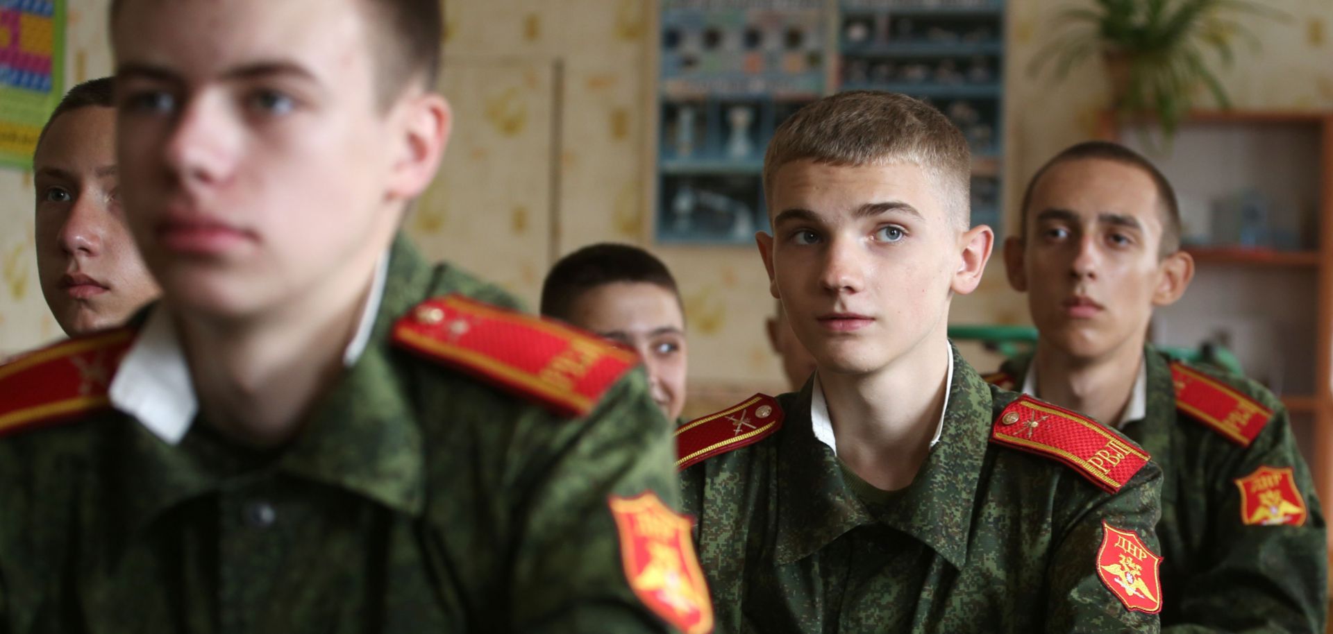 Students start off the school year at a military academy in the Ukrainian breakaway territory of Donetsk on Sept. 1, 2017.