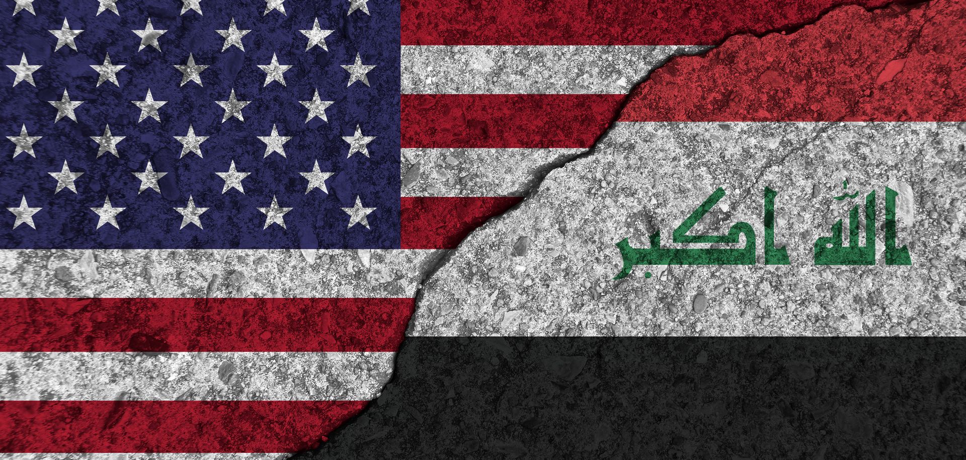 An image of cracked, painted picture of the U.S. and Iraqi flags illustrates the two countries' decaying relationship due to Washington's ongoing pressure campaign and proxy battle against Iran.