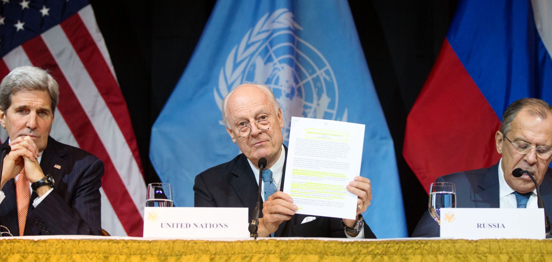 U.S. Secretary of State John Kerry (L), U.N. Special Envoy for Syria Staffan de Mistura (C) and Russian Foreign Minister Sergei Lavrov address the media after the International Syria Support Group meeting in Vienna on Nov. 14.