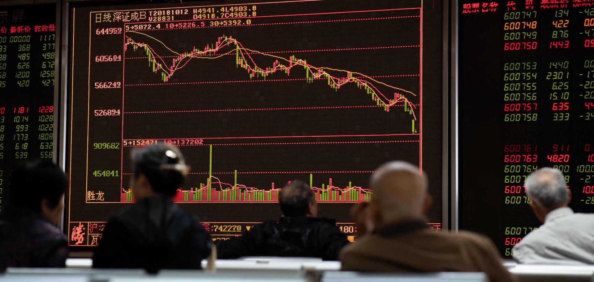 Investors watch stock price movements at a securities company in Beijing on Oct. 12.