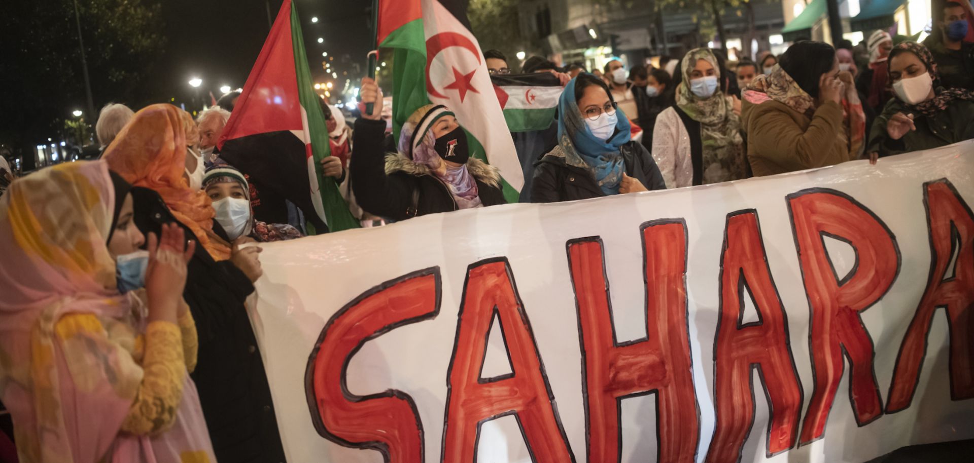 Women carrying Saharan flags take part in a demonstration in San Sebastian, Spain, to demand the end of Morocco's occupation in Western Sahara on Nov. 16, 2020. 