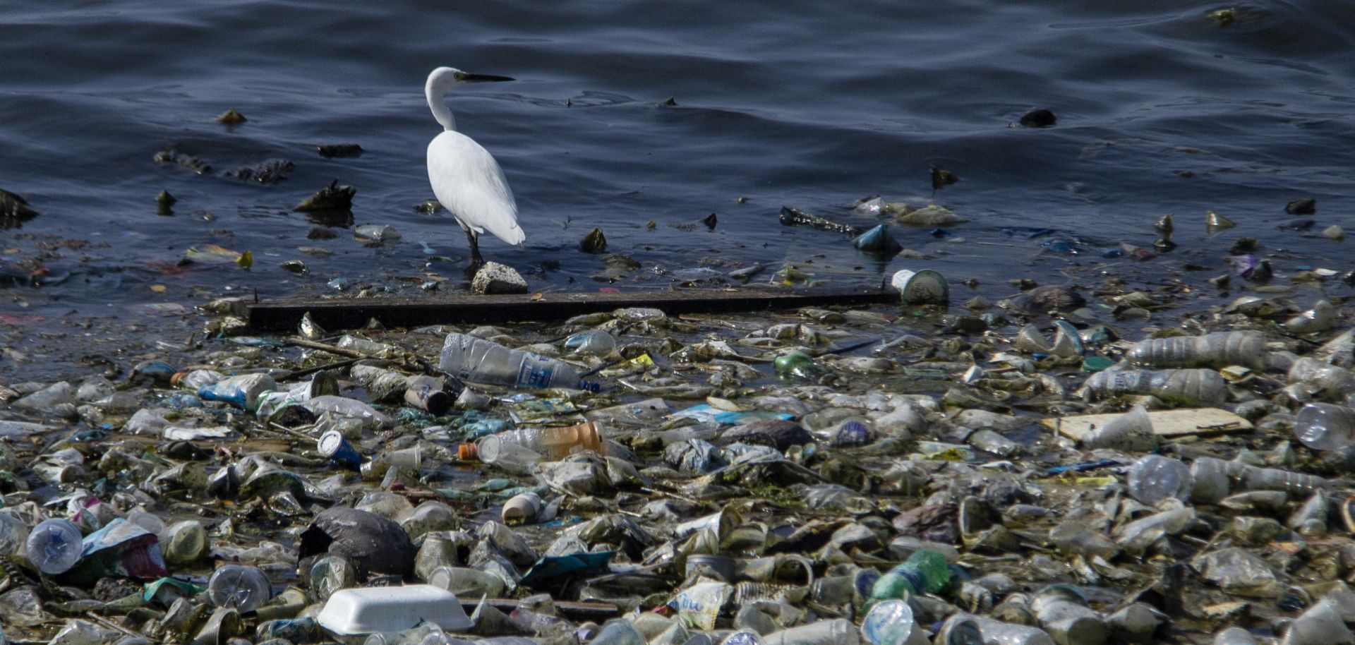 Plastic waste litters the shore of a reservoir in Lhokseumawe, Indonesia, on June 28, 2019.