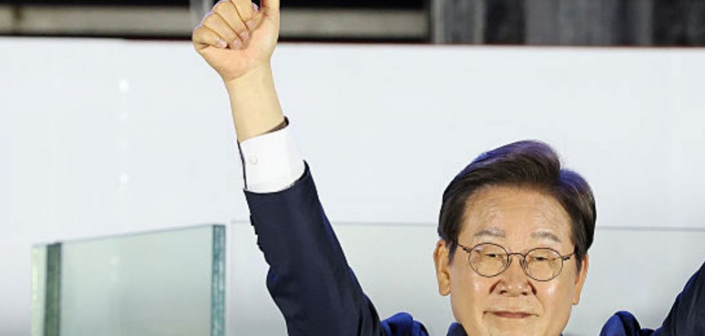 Lee Jae-myung and his wife celebrate his projected victory in South Korea's presidential election on June 4, 2025, in Seoul, South Korea.