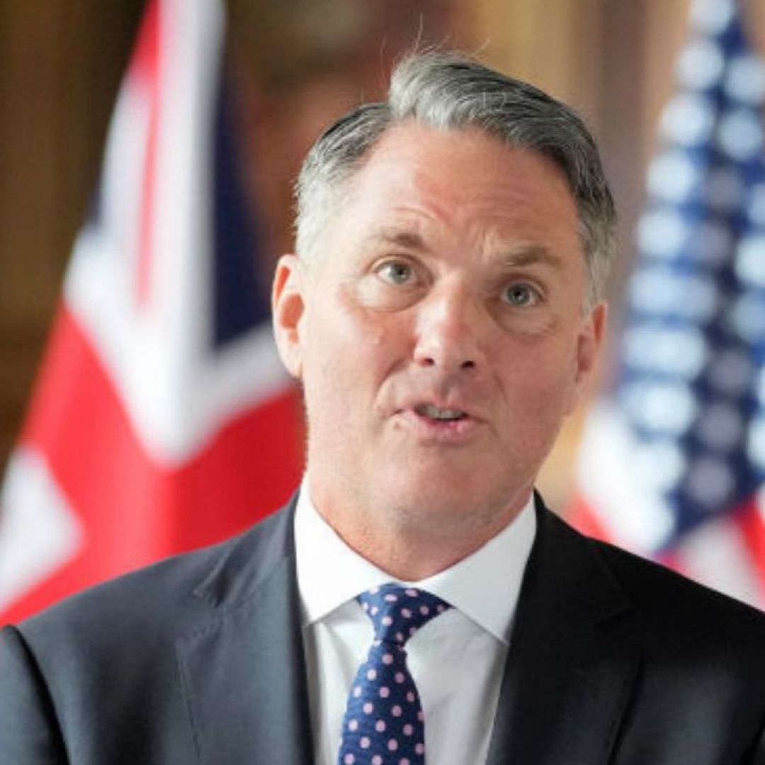 Australian Defense Minister Richard Marles and British Defense Secretary John Healey sit together for the AUKUS Defense Ministers Meeting at Old Royal Naval College on Sept. 26, 2024, in London, England.