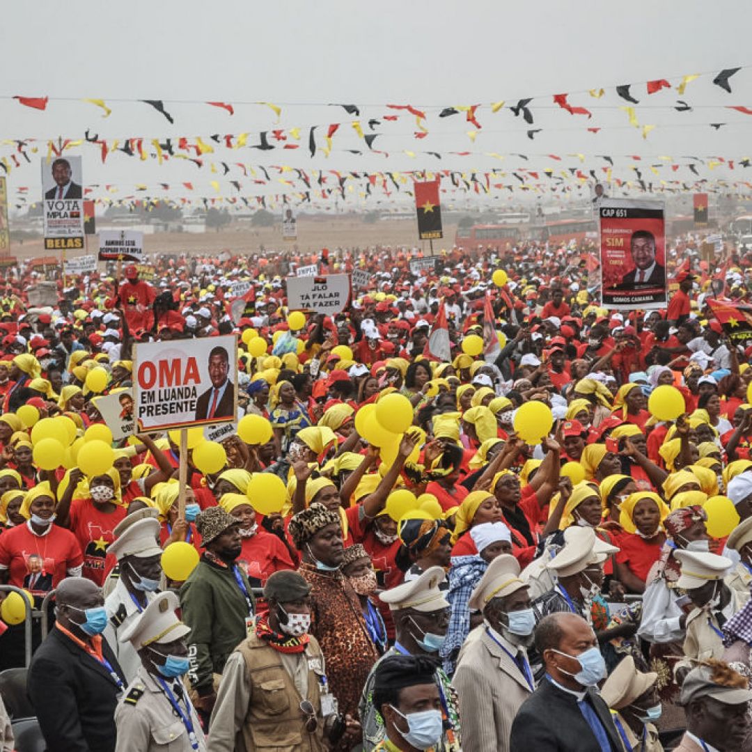 Angolan President Joao Lourenco addresses MPLA supporters at an election rally July 23, 2022, in Luanda, Angola. Lourenco will face off against Adalberto Costa Junior of the opposition UNITA on Aug. 24. Angolan President Joao Lourenco addresses MPLA supporters at an election rally July 23, 2022, in Luanda, Angola.
