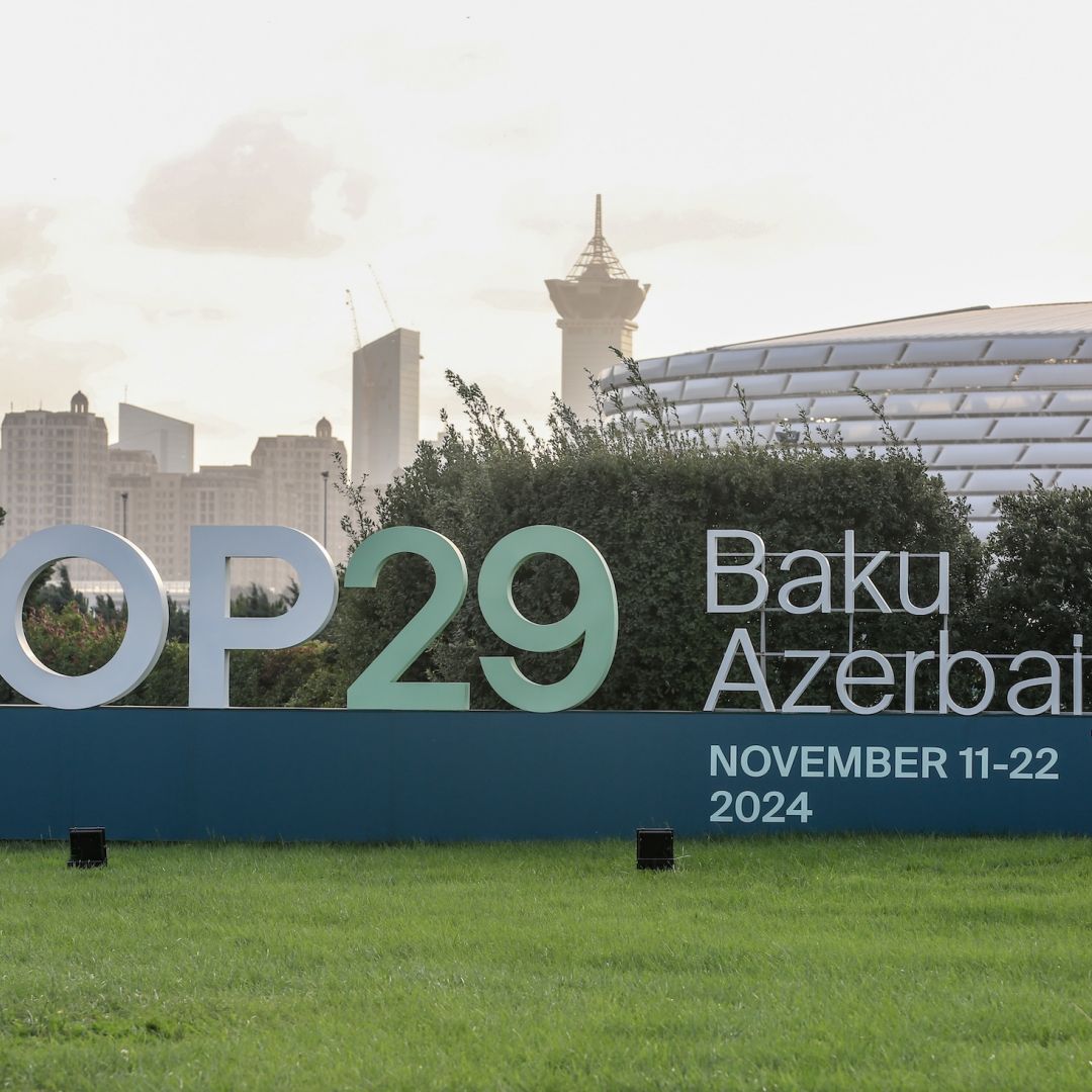 A sign for COP29 on Nov. 3, 2024, in Baku, Azerbaijan.