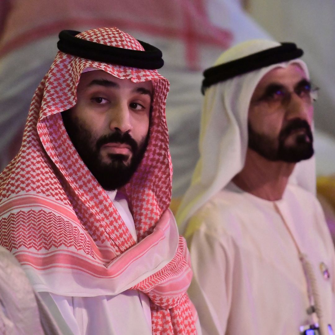 Saudi Crown Prince Mohammed bin Salman (left) sits next to UAE Vice President and Prime Minister Sheikh Mohammed bin Rashid Al Maktoum (right) during an investment summit in the Saudi capital of Riyadh on Oct. 24, 2018. Saudi Crown Prince Mohammed bin Salman (left) sits next to UAE Vice President and Prime Minister Sheikh Mohammed bin Rashid Al Maktoum (right) during an investment summit in the Saudi capital of Riyadh on Oct. 24, 2018.
