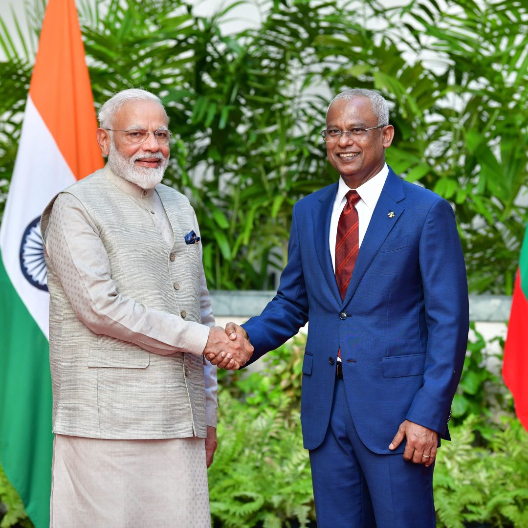 Indian Prime Minister Narendra Modi (left) shakes hands with Maldivian President Ibrahim Mohamed Solih in Male during a visit to the island nation on June 8, 2019. Indian Prime Minister Narendra Modi (left) shakes hands with Maldivian President Ibrahim Mohamed Solih in Male during a visit to the island nation on June 8, 2019.