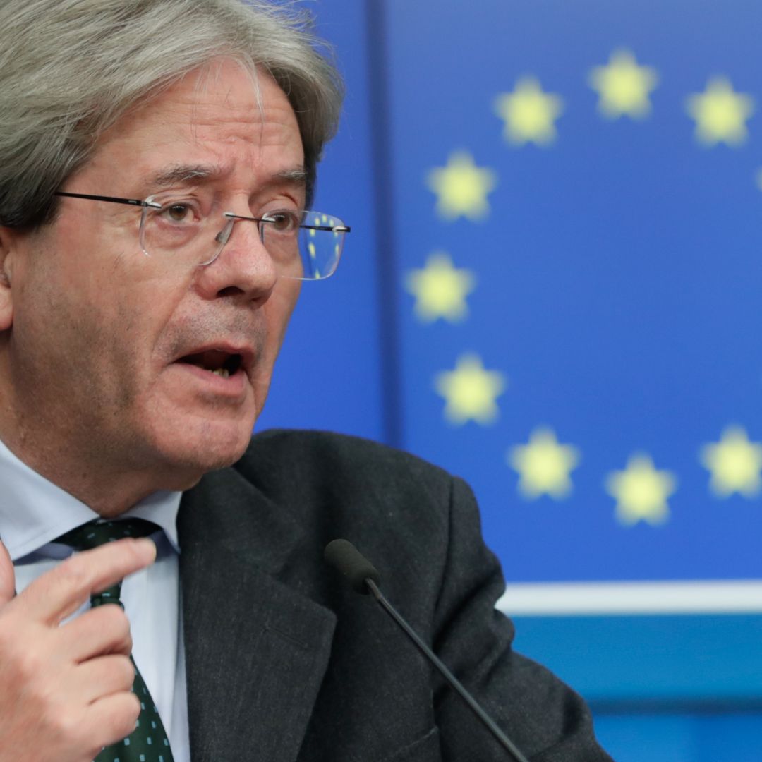 EU Economy Commissioner Paolo Gentiloni speaks during a press conference after a virtual meeting at the European Council in Brussels, Belgium, on Feb. 15, 2021. 