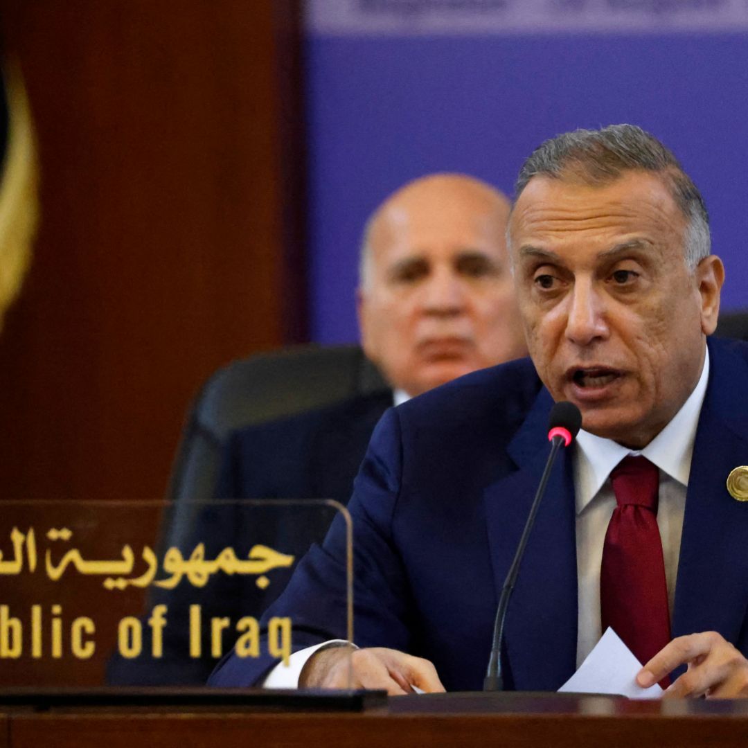 Iraqi Prime Minister Mustafa al-Kadhimi speaks during a conference in Baghdad on Aug. 28, 2021. Iraqi Prime Minister Mustafa al-Kadhimi speaks during a conference in Baghdad on Aug. 28, 2021.