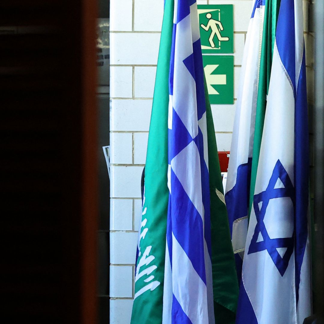 The flags of Saudi Arabia and Israel are seen outside a meeting at the U.S. State Department in Washington D.C. on Oct. 14, 2021. The flags of Saudi Arabia and Israel are seen outside a meeting at the U.S. State Department in Washington D.C. on Oct. 14, 2021.