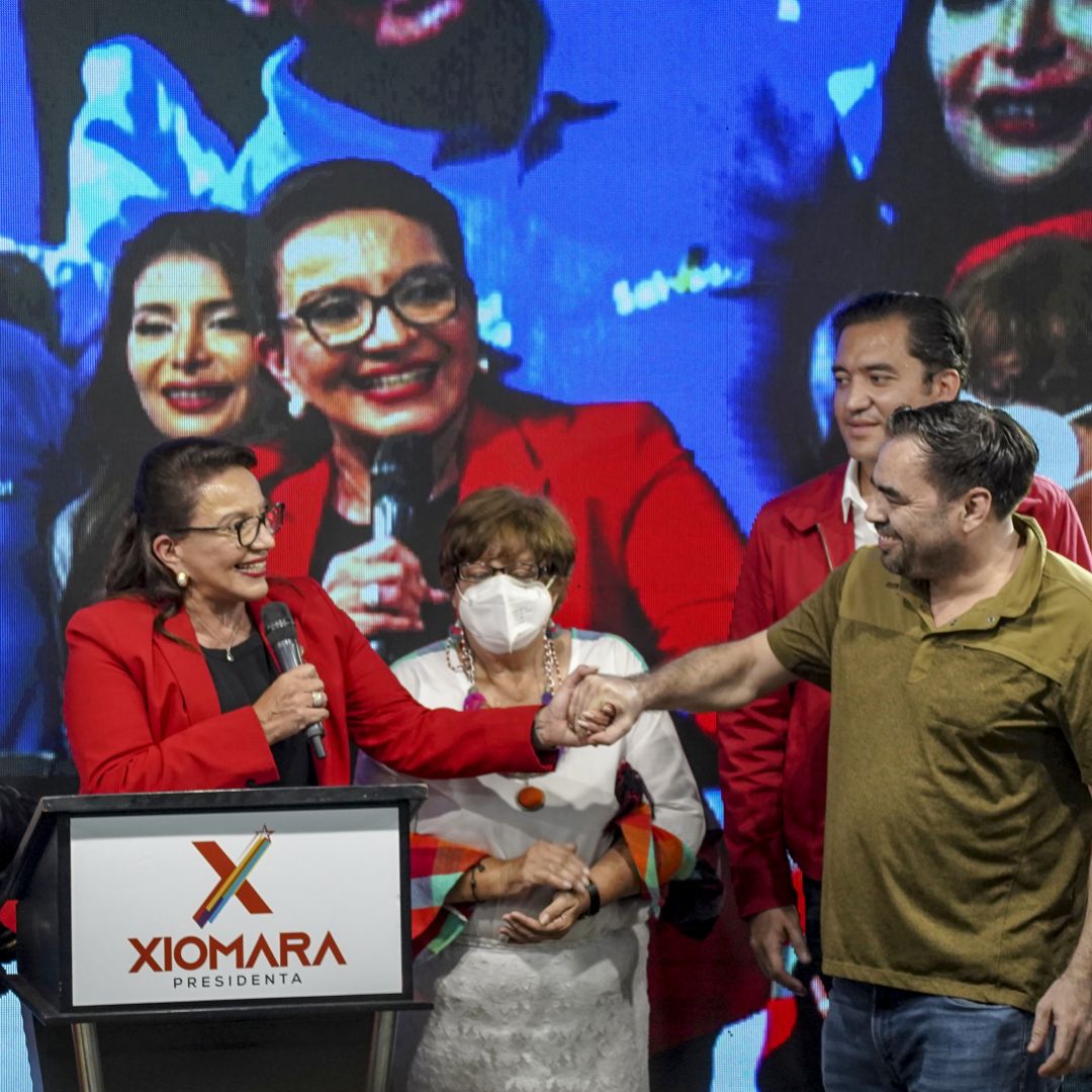 Honduran presidential candidate Xiomara Castro (third from right) speaks at a press conference on Nov. 28, 2021, in Tegucigalpa, Honduras. 