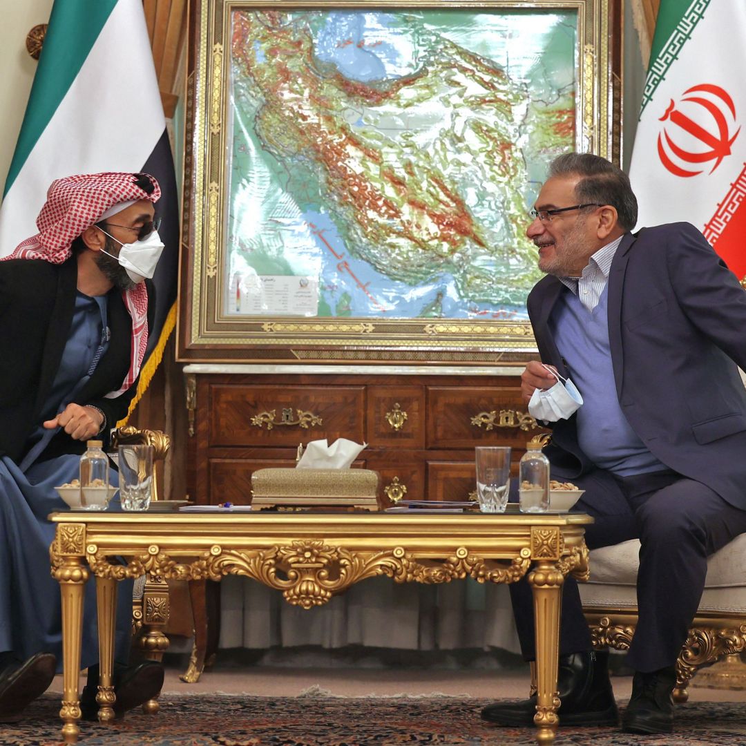 Secretary of Iran’s Supreme National Security Council Ali Shamkhani (right) meets with the United Arab Emirates’ security adviser Sheikh Tahnoon bin Zayed Al Nahyan in Tehran on Dec. 6, 2021. Secretary of Iran’s Supreme National Security Council Ali Shamkhani (right) meets with the United Arab Emirates’ security adviser Sheikh Tahnoon bin Zayed Al Nahyan in Tehran on Dec. 6, 2021.