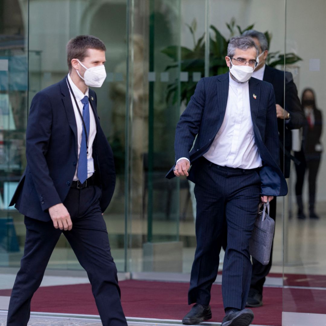 Iran's chief nuclear negotiator Ali Bagheri Kani (center) is seen leaving the venue in Vienna, Austria, where Joint Comprehensive Plan of Action (JCPOA) talks have been held on March 11, 2022. 