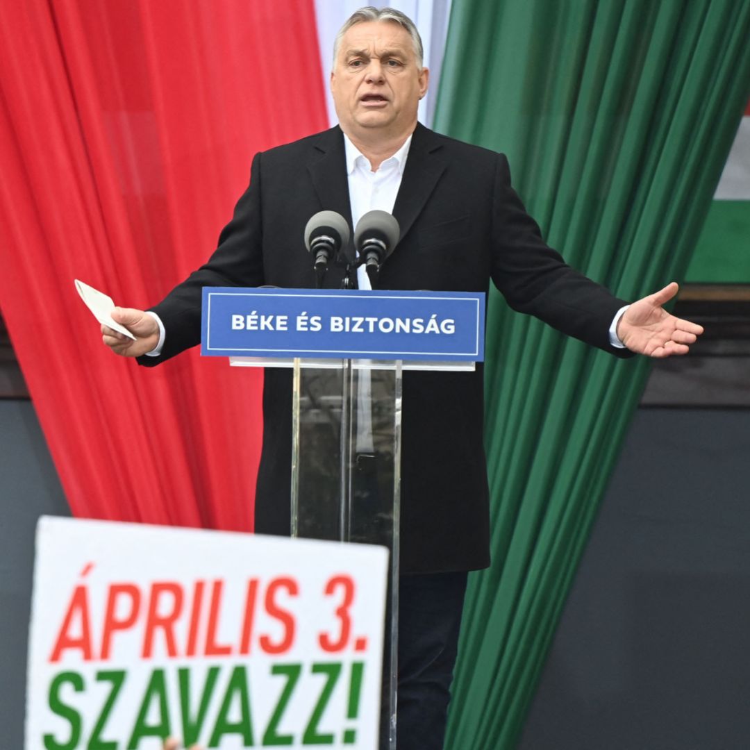 Hungarian Prime Minister Viktor Orban speaks on stage during a campaign rally for his ruling Fidesz party in Szekesfehervar, Hungary, on April 1, 2022. 