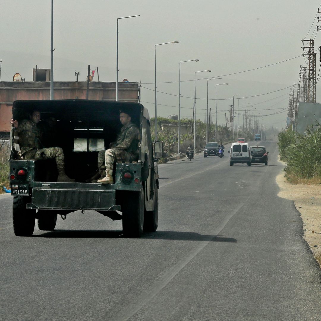 A Lebanese army vehicle patrols a road in a southern Lebanese town close to the border with Israel on April 25, 2022. A Lebanese army vehicle patrols a road in a southern Lebanese town close to the border with Israel on April 25, 2022.