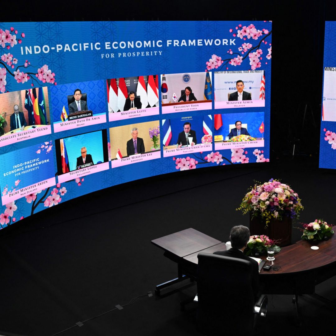 A photo taken on May 23, 2022, in Tokyo shows U.S. President Joe Biden and Japanese Prime Minister Fumio Kishida attending a video call with leaders from countries in the Indo-Pacific Economic Framework for Prosperity. 