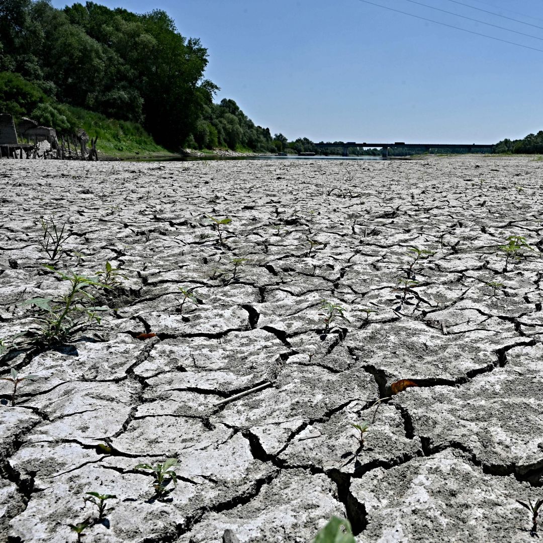 A photo taken on July 5, 2022, shows the dried-up river bed of the Po River in Italy's Veneto region. Water levels in Italy's largest river have reached record lows amid a severe drought.