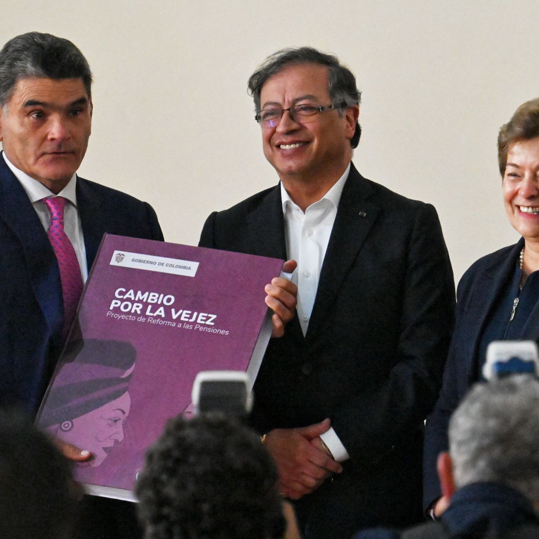 Colombian President Gustavo Petro (center) presents his government's pension reform bill to lawmakers in Congress in Bogota, Colombia, on March 22, 2023. 