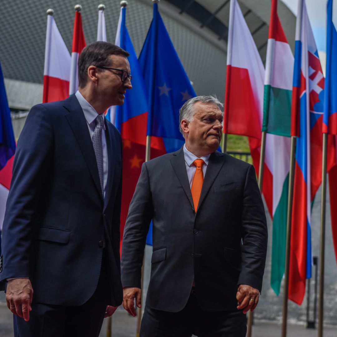 Polish Prime Minister Mateusz Morawiecki (left) welcomes his Hungarian counterpart, Viktor Orban, ahead of a meeting in Katowice, Poland, on June 30, 2021. 