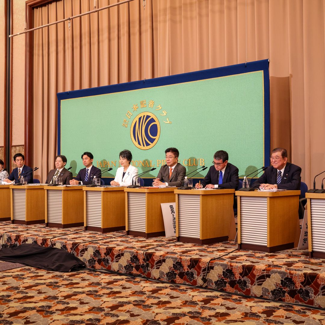 The candidates for Japan's ruling Liberal Democratic Party's (LDP) leadership election sit on stage during a debate in Tokyo on Sept. 14, 2024.