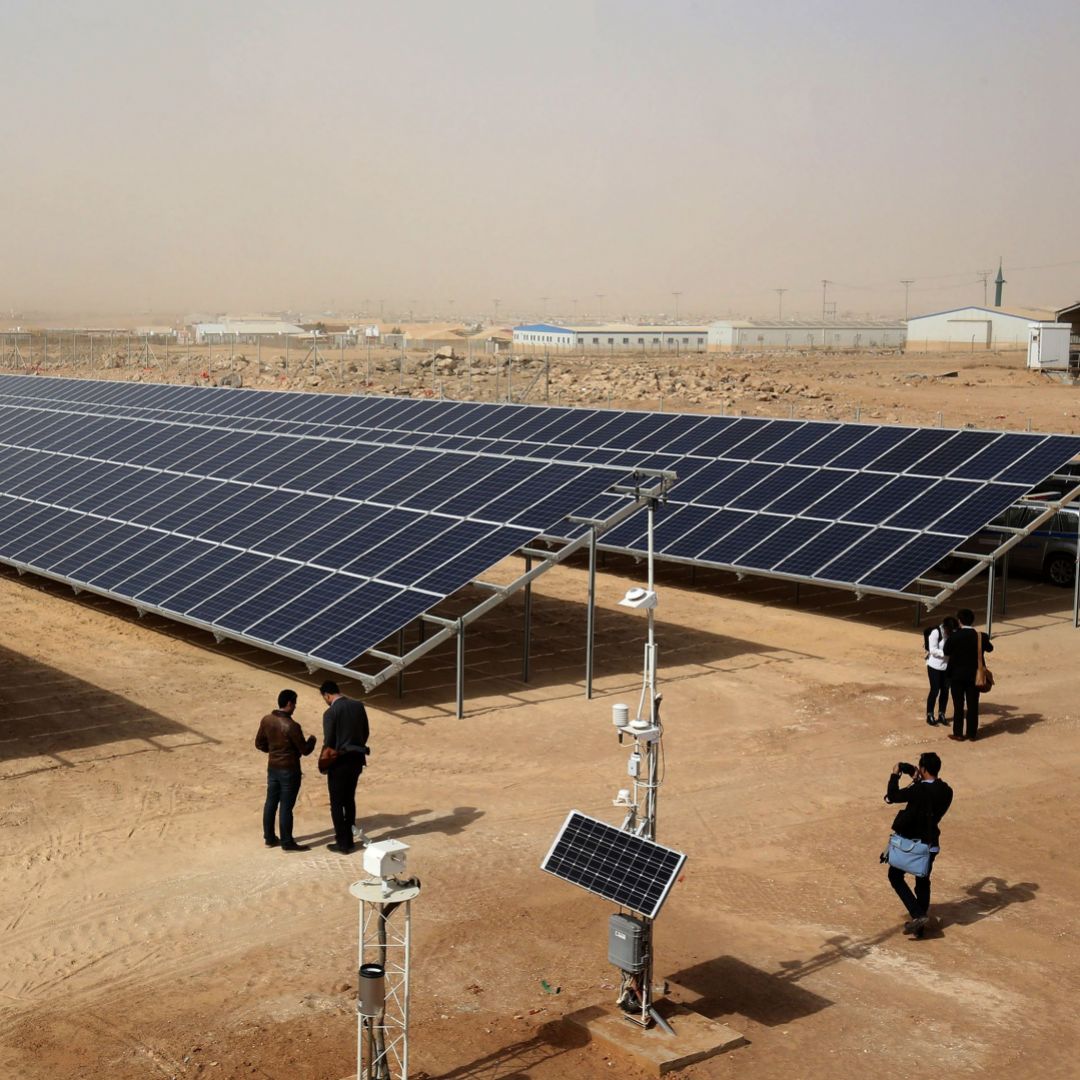 Part of a new solar plant, funded by the German government, is seen at the Zaatari refugee camp in Jordan on Nov. 13, 2017. Part of a new solar plant, funded by the German government, is seen at the Zaatari refugee camp in Jordan on Nov. 13, 2017.