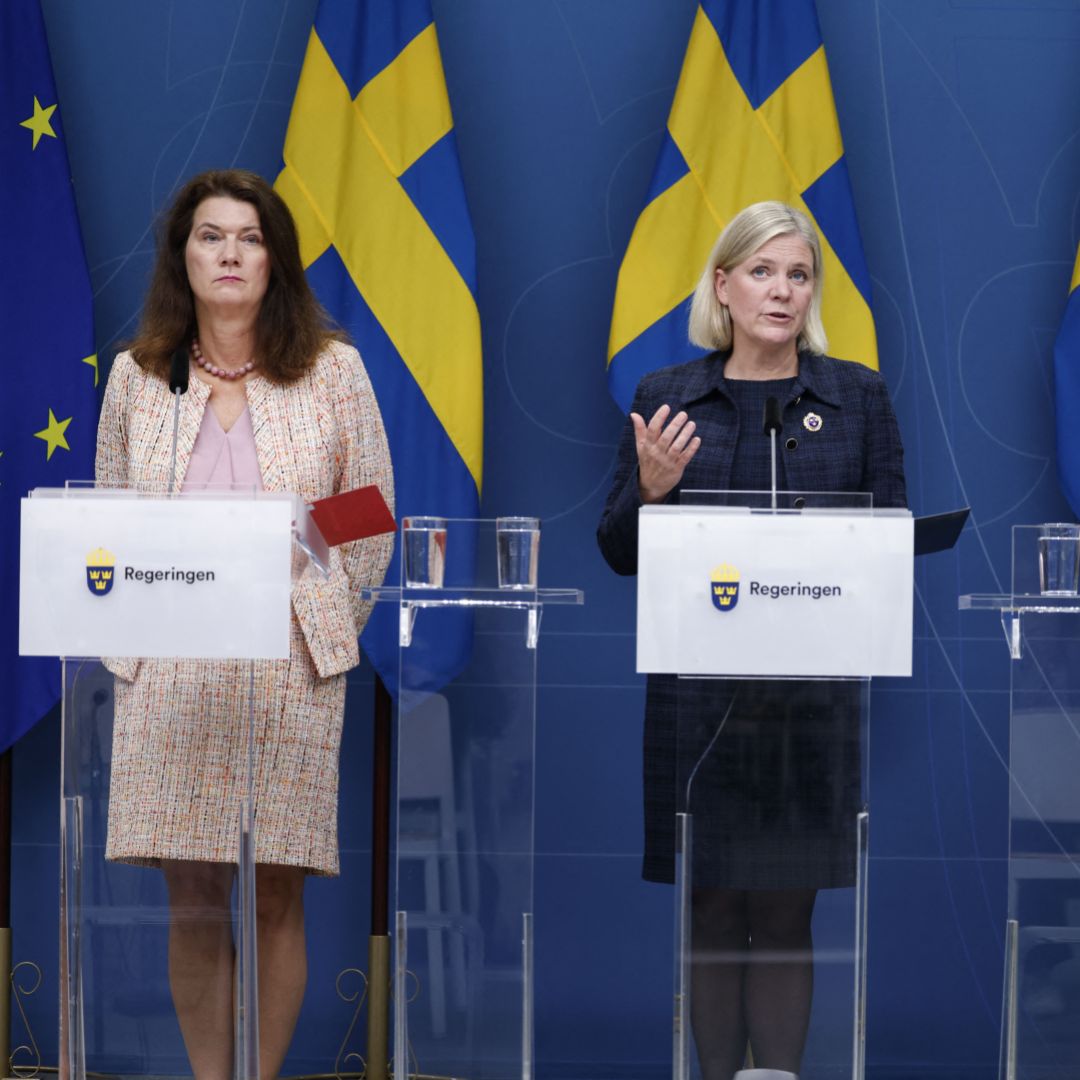 (L to R) Sweden's foreign minister, prime minister and defense minister hold a press conference in Stockholm on the gas leak found on the Nord Stream 1 pipeline in the Baltic Sea on Sept. 27, 2022. 