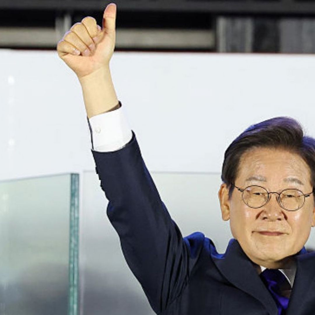 Lee Jae-myung and his wife celebrate his projected victory in South Korea's presidential election on June 4, 2025, in Seoul, South Korea. Lee Jae-myung and his wife celebrate his projected victory in South Korea's presidential election on June 4, 2025, in Seoul, South Korea.