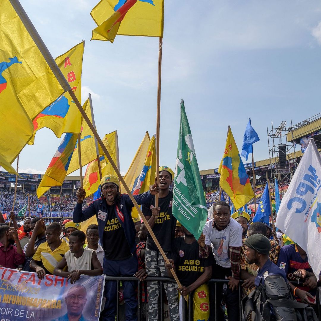 Supporters of the Democratic Republic of the Congo's ruling Sacred Union coalition gather at the Martyrs Stadium in Kinshasa on April 29, 2023.